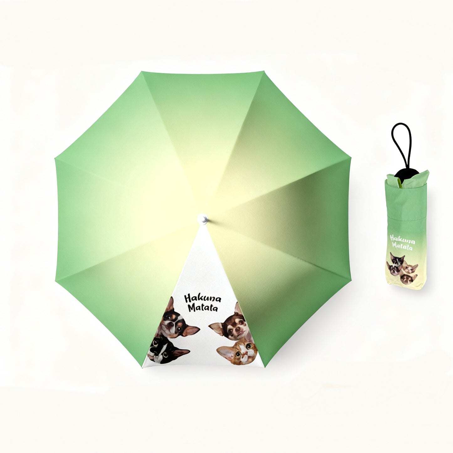 Green umbrella with “Hakuna Matata” and multiple cat portraits, includes carry pouch.