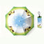 Green-blue gradient umbrella with jumping dog pattern and matching carry pouch.