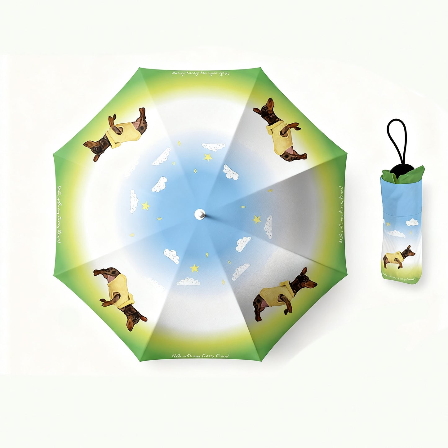 Green-blue gradient umbrella with jumping dog pattern and matching carry pouch.