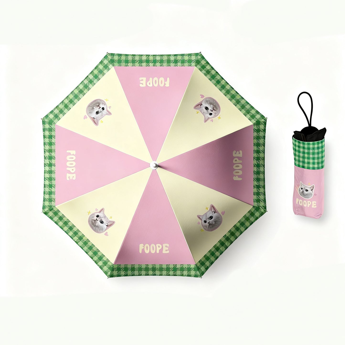 Pink and green gingham umbrella with cat portraits and “FOOPE” text, includes pouch.