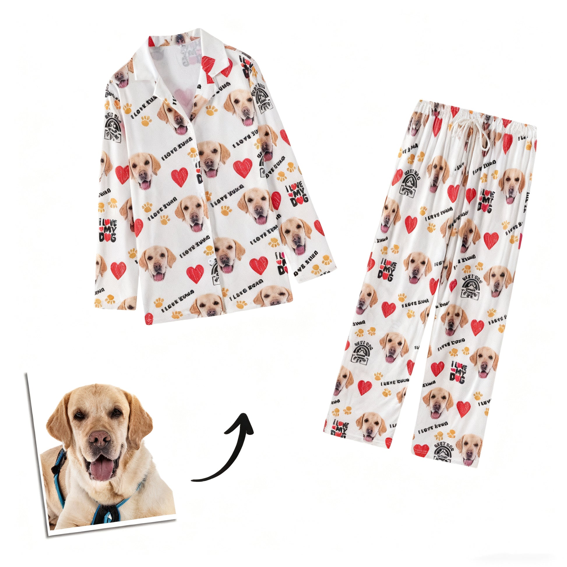 White long-sleeve custom pet pajamas with Labrador prints and heart icons